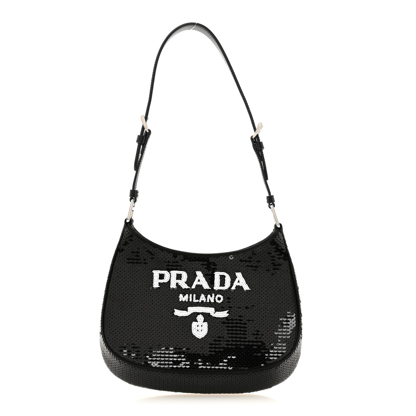 Paillettes Sequin Logo Cleo Adjustable Strap Shoulder Bag Black White
