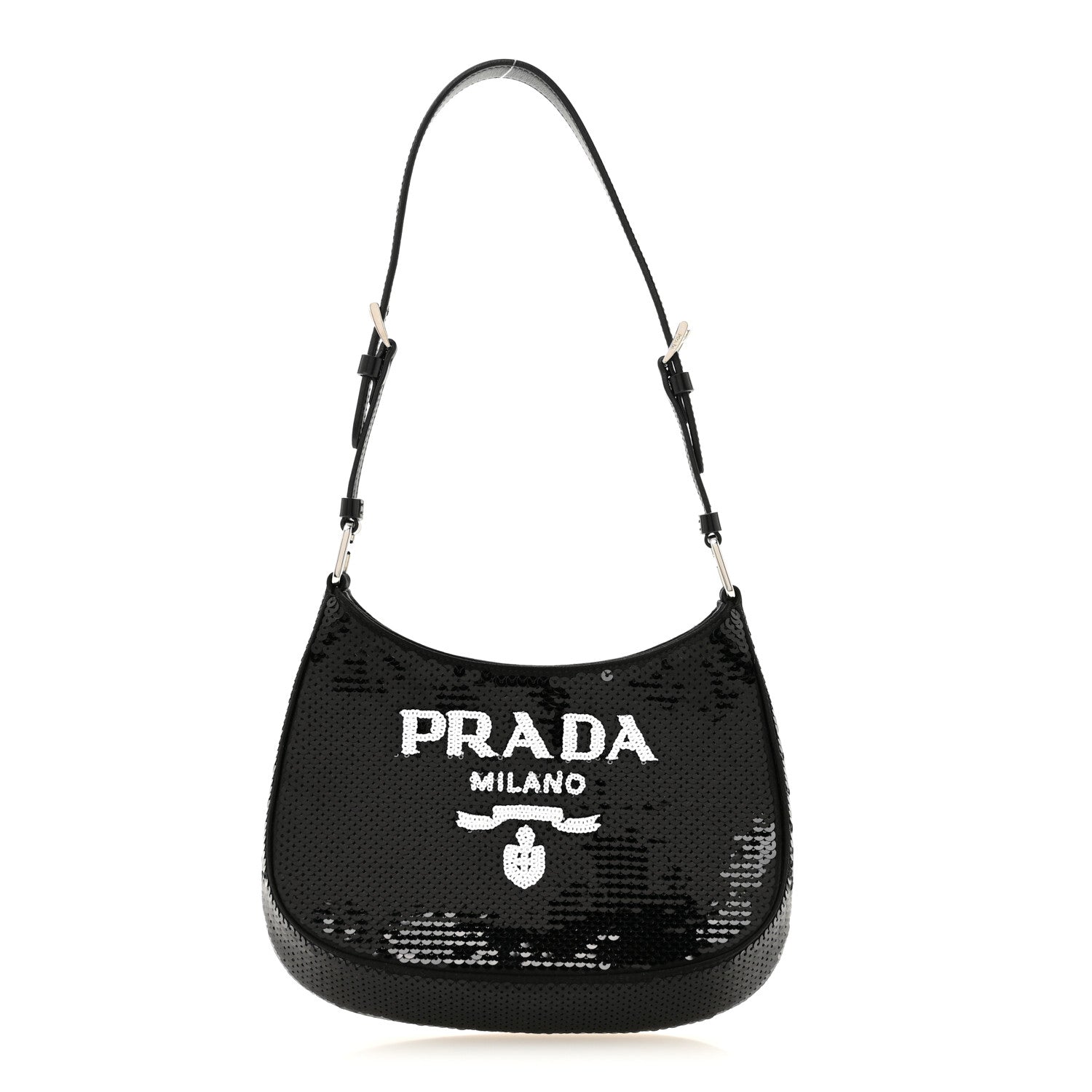 Prada Paillettes Sequin Logo Cleo Adjustable Strap Shoulder Bag Black White 1 of 10