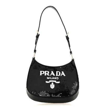 Prada Paillettes Sequin Logo Cleo Adjustable Strap Shoulder Bag Black White 1 of 10