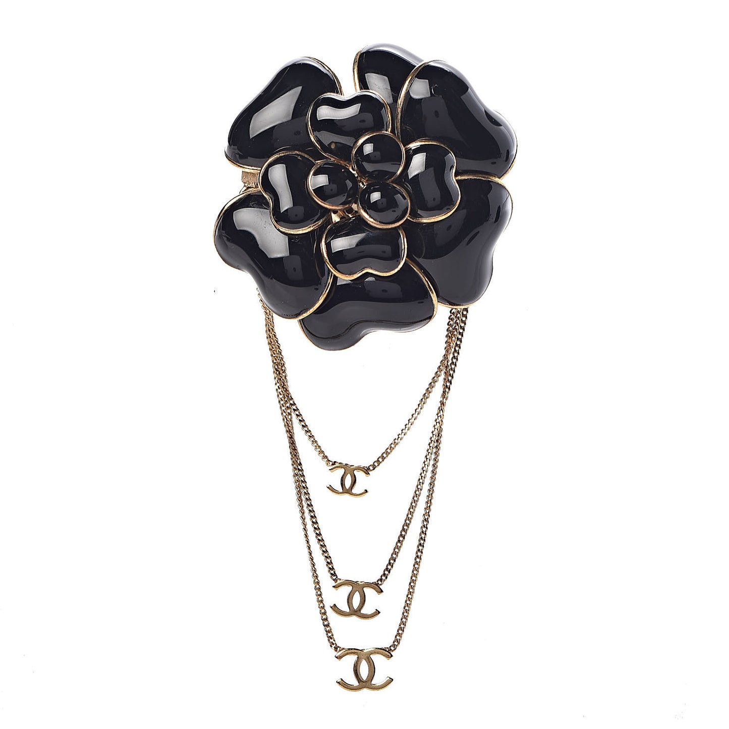 Enamel Chain Camellia Brooch Black