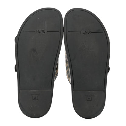 Fendi Fabric Jacquard Crystal FF Womens Fendi Feel Buckled Slide Sandals 38 Tobacco Black 5 of 9