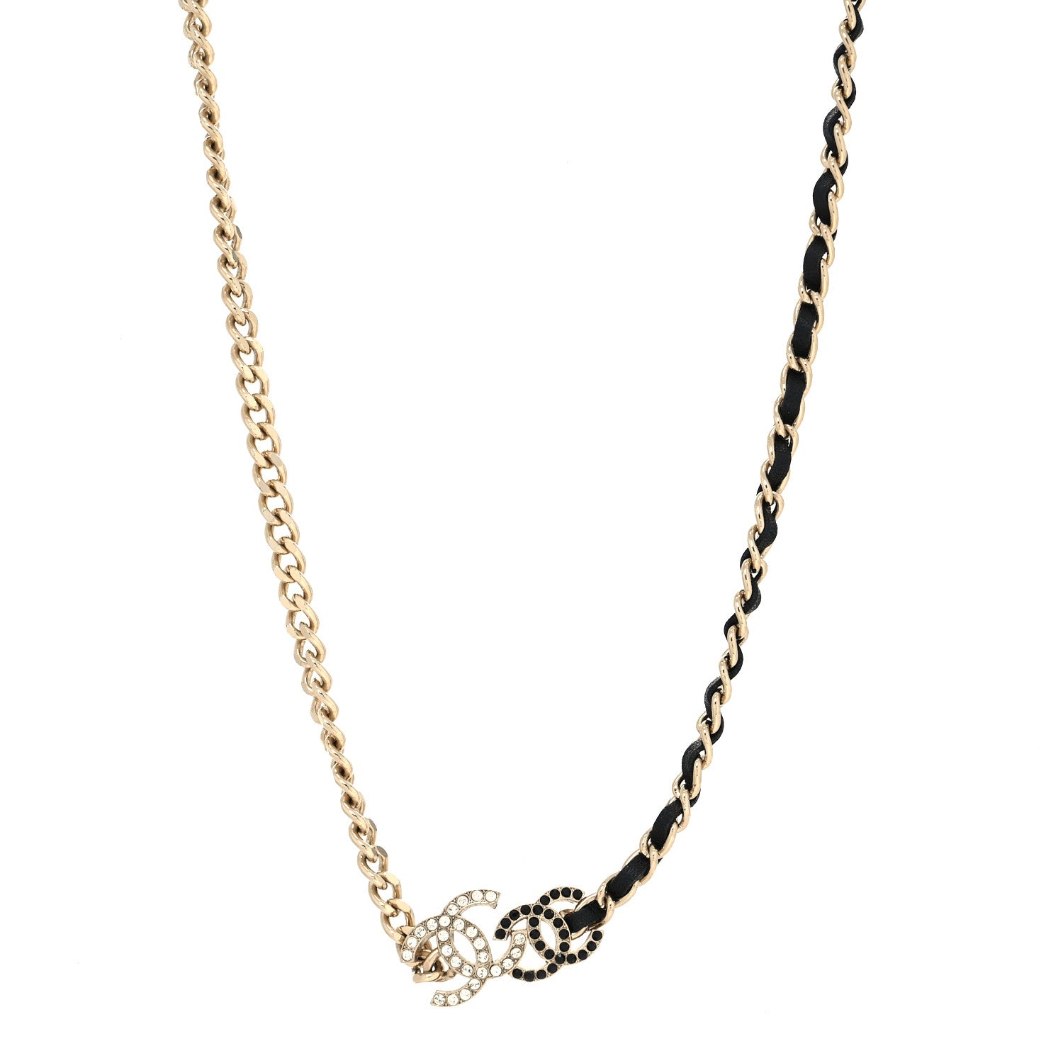 Chanel Metal Calfskin Crystal Double CC Short Necklace Black Gold 1 of 5