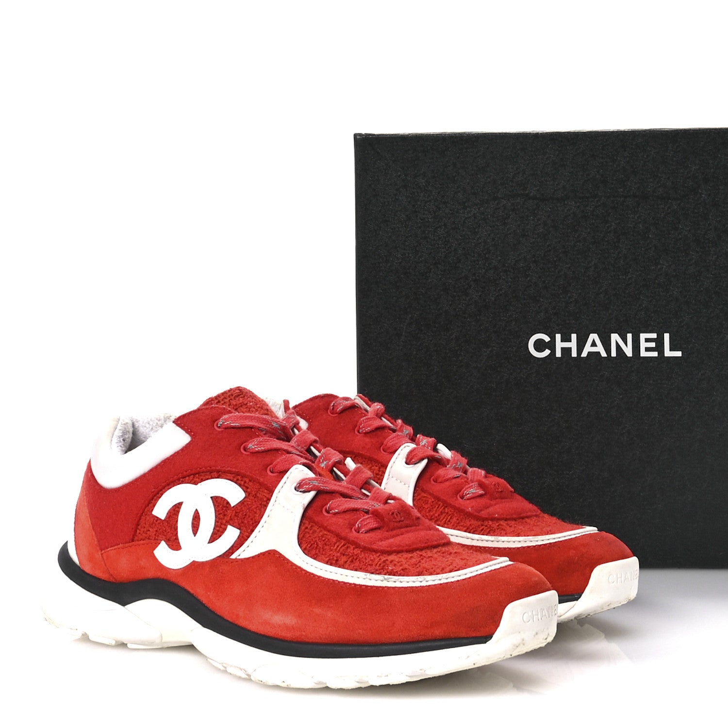Chanel Tweed Suede Felt CC Sneakers 45 Red 8 of 10
