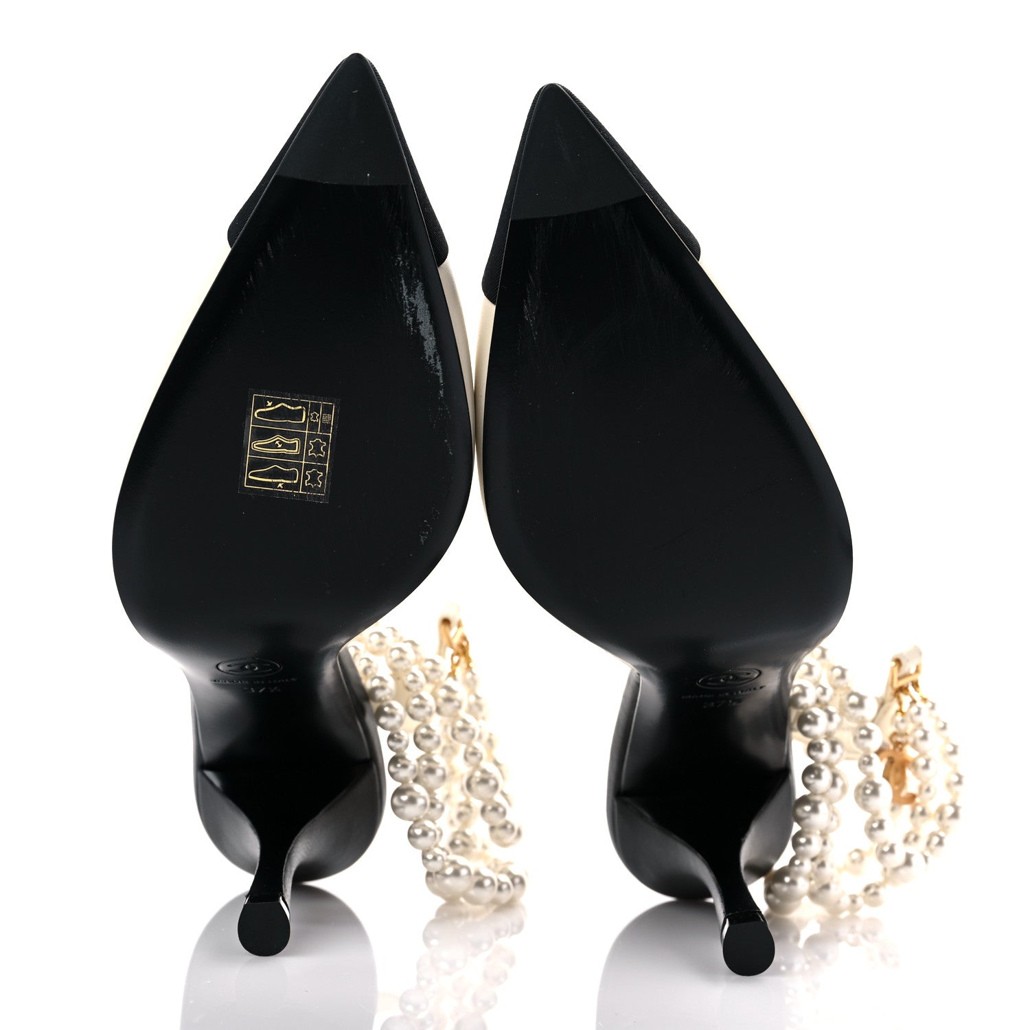 Chanel Lambskin Grosgrain Cap Toe Pearl Slingbacks Pumps 37.5 Ivory Black 5 of 10