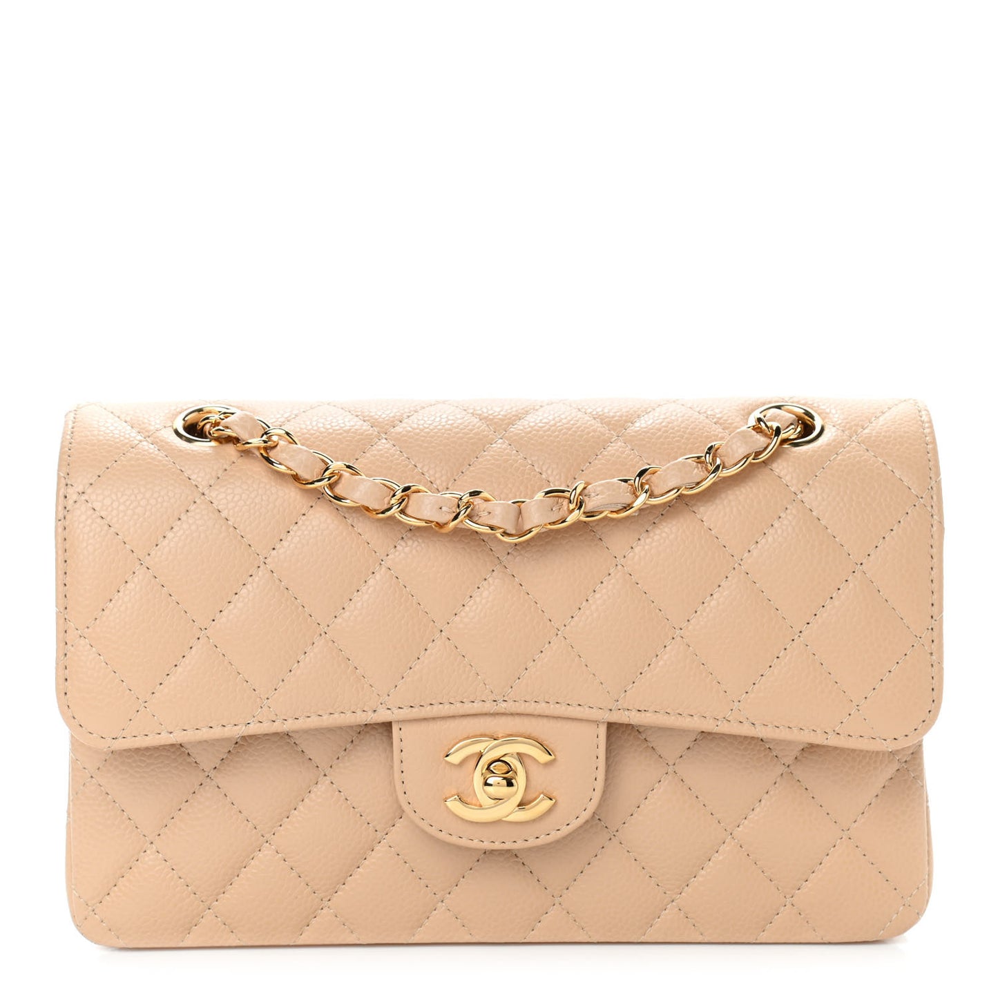 Caviar Quilted Small Double Flap Beige