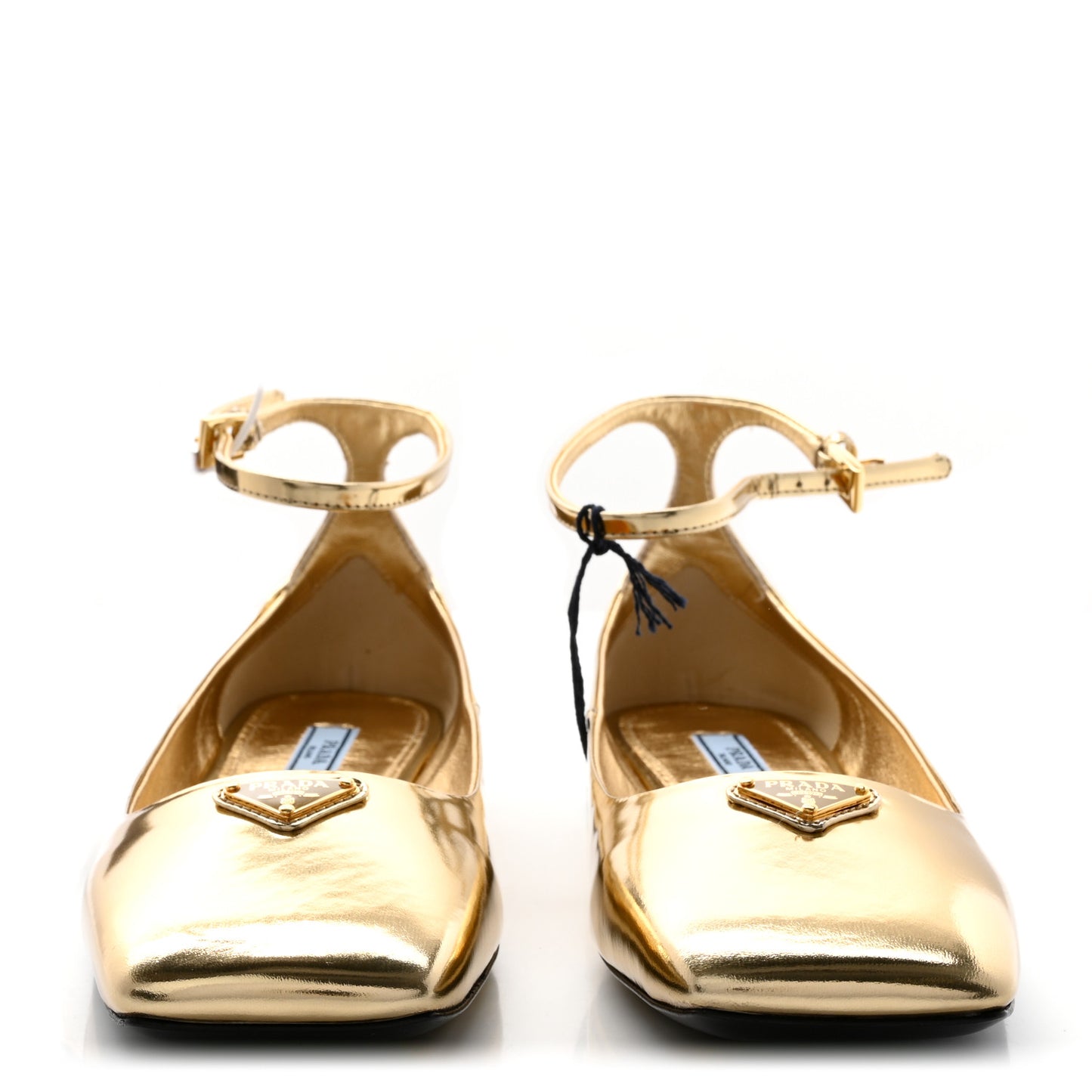 Metallic Calfskin Metal Triangle Logo Ankle Strap Ballerinas 37 Platino
