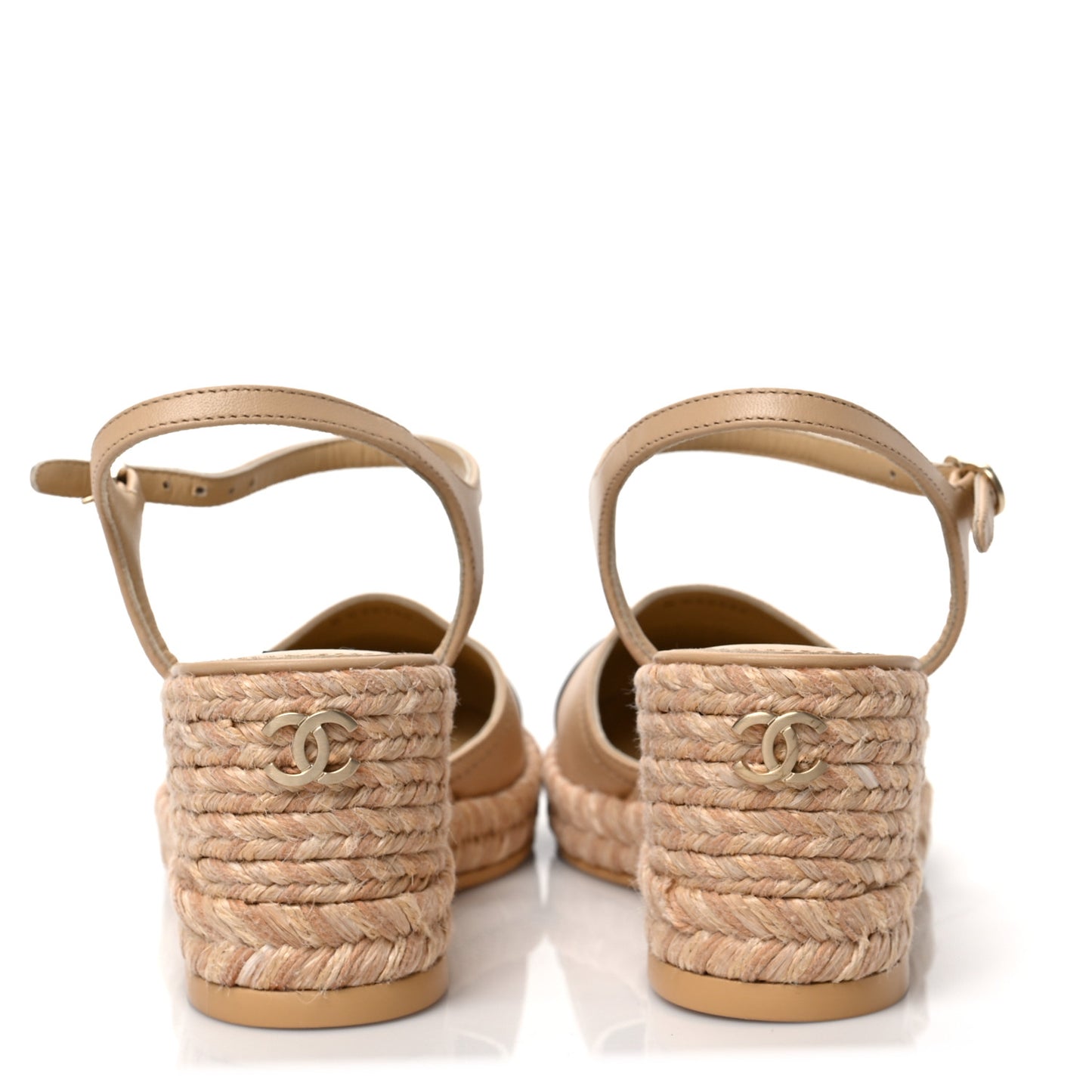 Lambskin Grosgrain CC Espadrilles Wedges 37 Beige Black