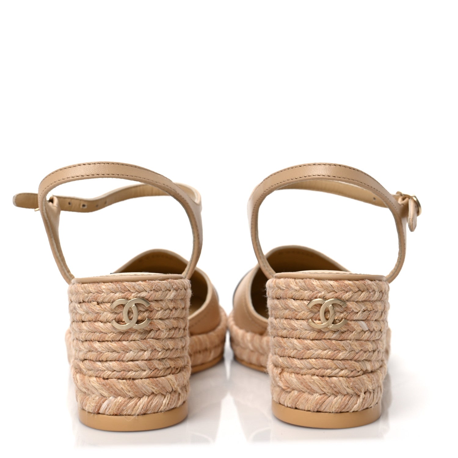 Chanel Lambskin Grosgrain CC Espadrilles Wedges 37 Beige Black 5 of 9