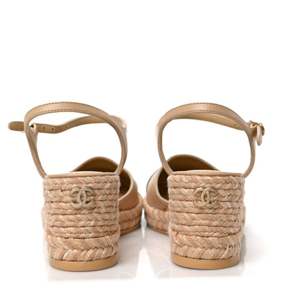 Chanel Lambskin Grosgrain CC Espadrilles Wedges 37 Beige Black 5 of 9