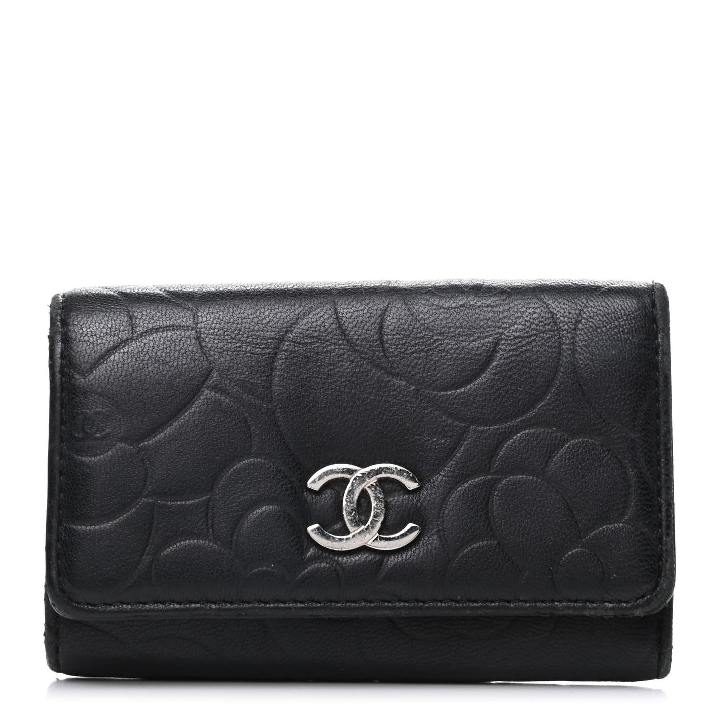 Lambskin Camellia Embossed 6 Key Holder Black