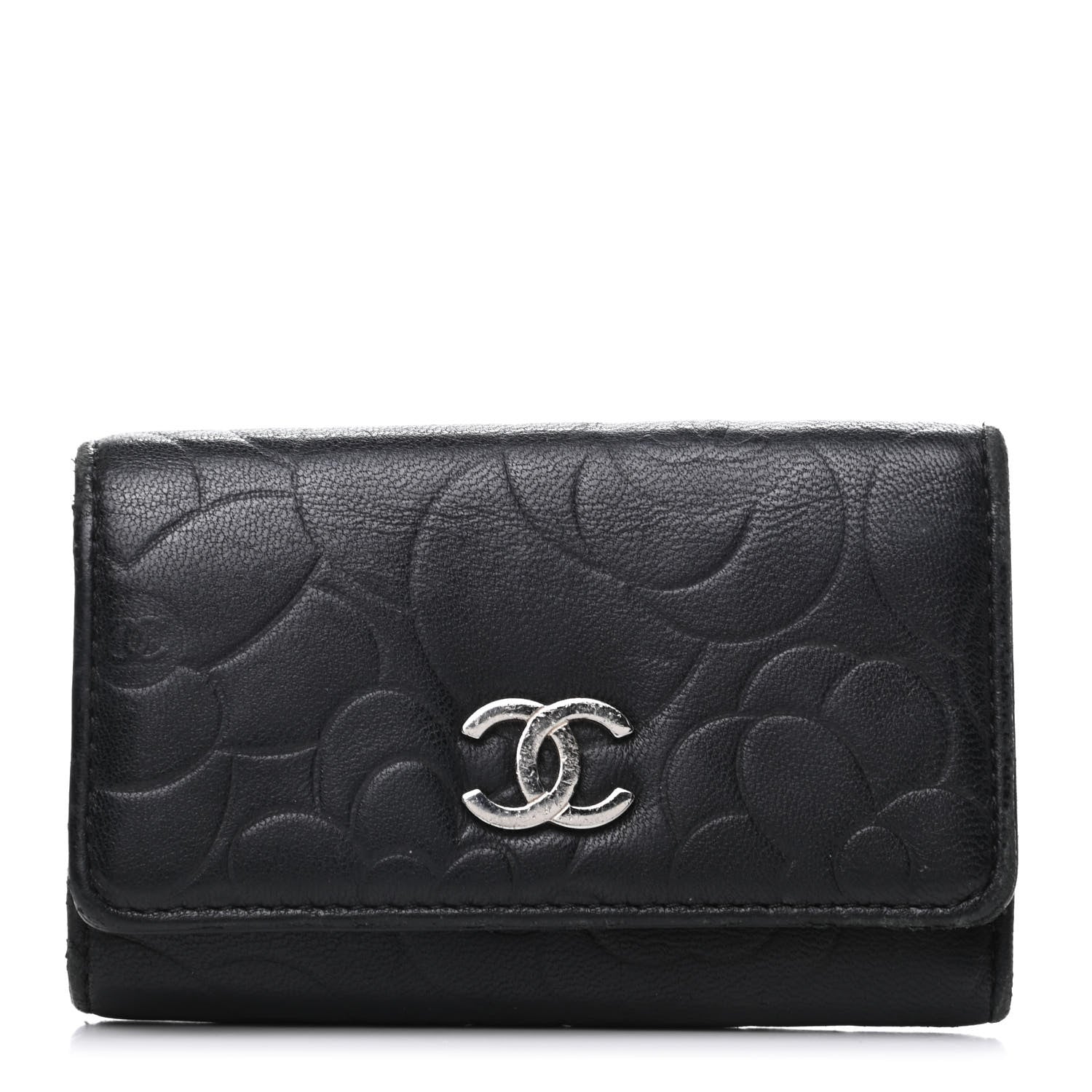 Chanel Lambskin Camellia Embossed 6 Key Holder Black 1 of 7