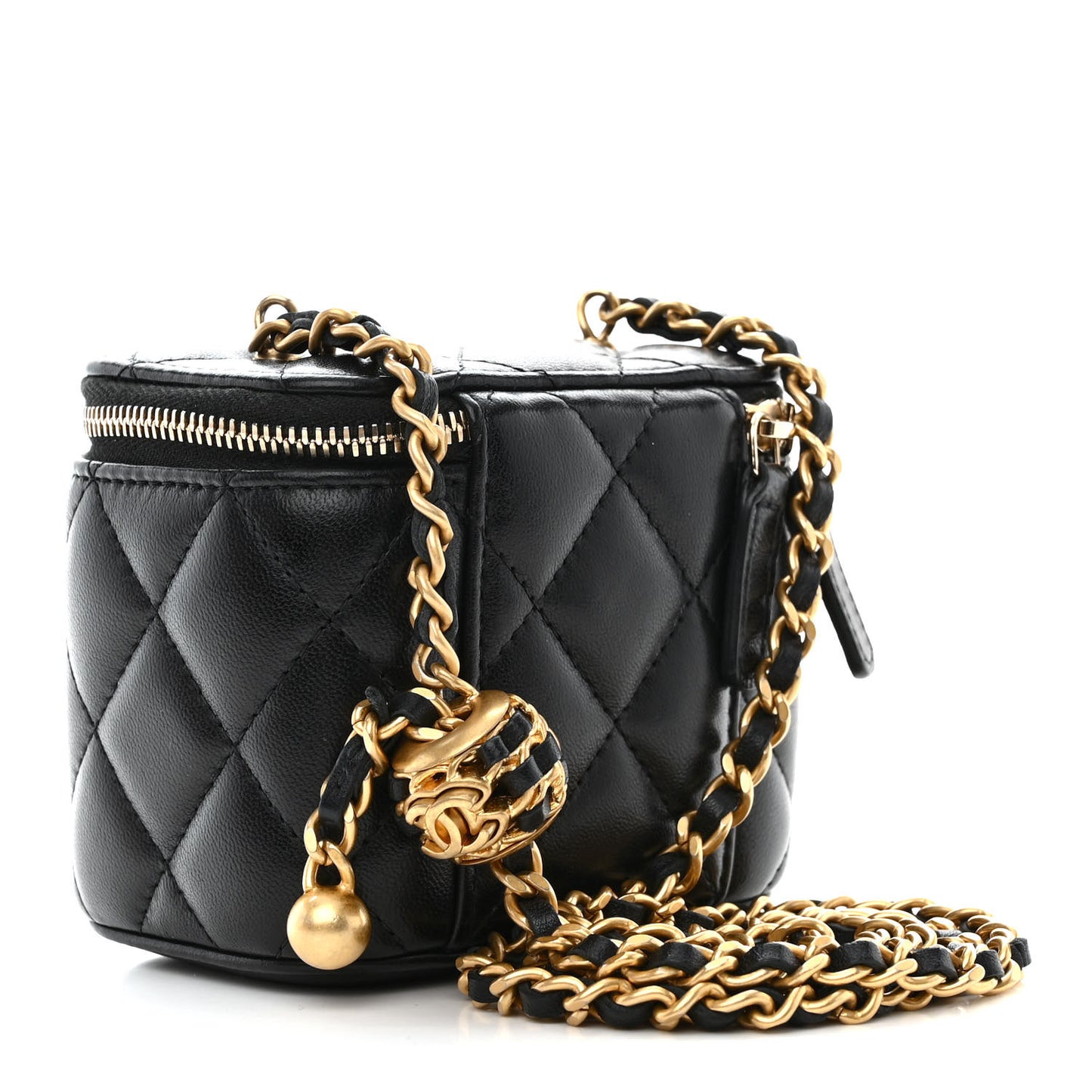 Lambskin Quilted Mini Pearl Crush Vanity Case With Chain Black