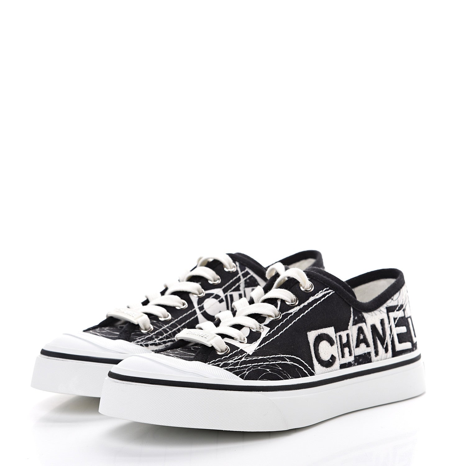 Chanel Printed Fabric Low Top Logo Sneakers 35.5 White Black 3 of 7