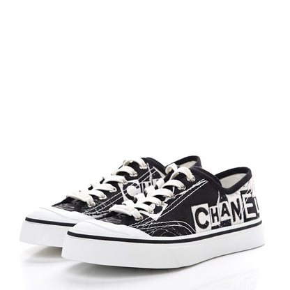 Chanel Printed Fabric Low Top Logo Sneakers 35.5 White Black 3 of 7