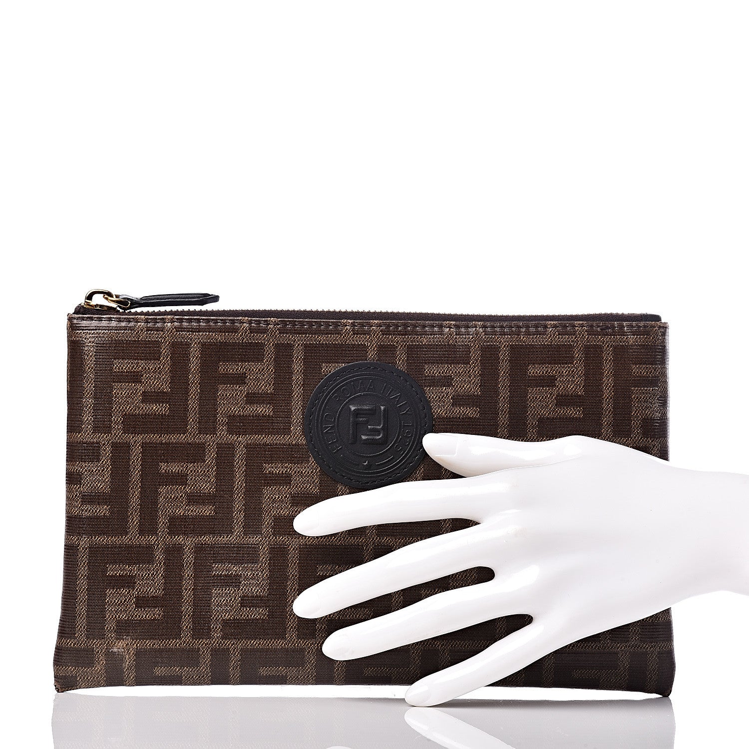 Fendi Glazed Fabric Vitello Century FF 1974 Stamp Patch Small FFreedom Flat Pouch Mogano Panna Black 2 of 8