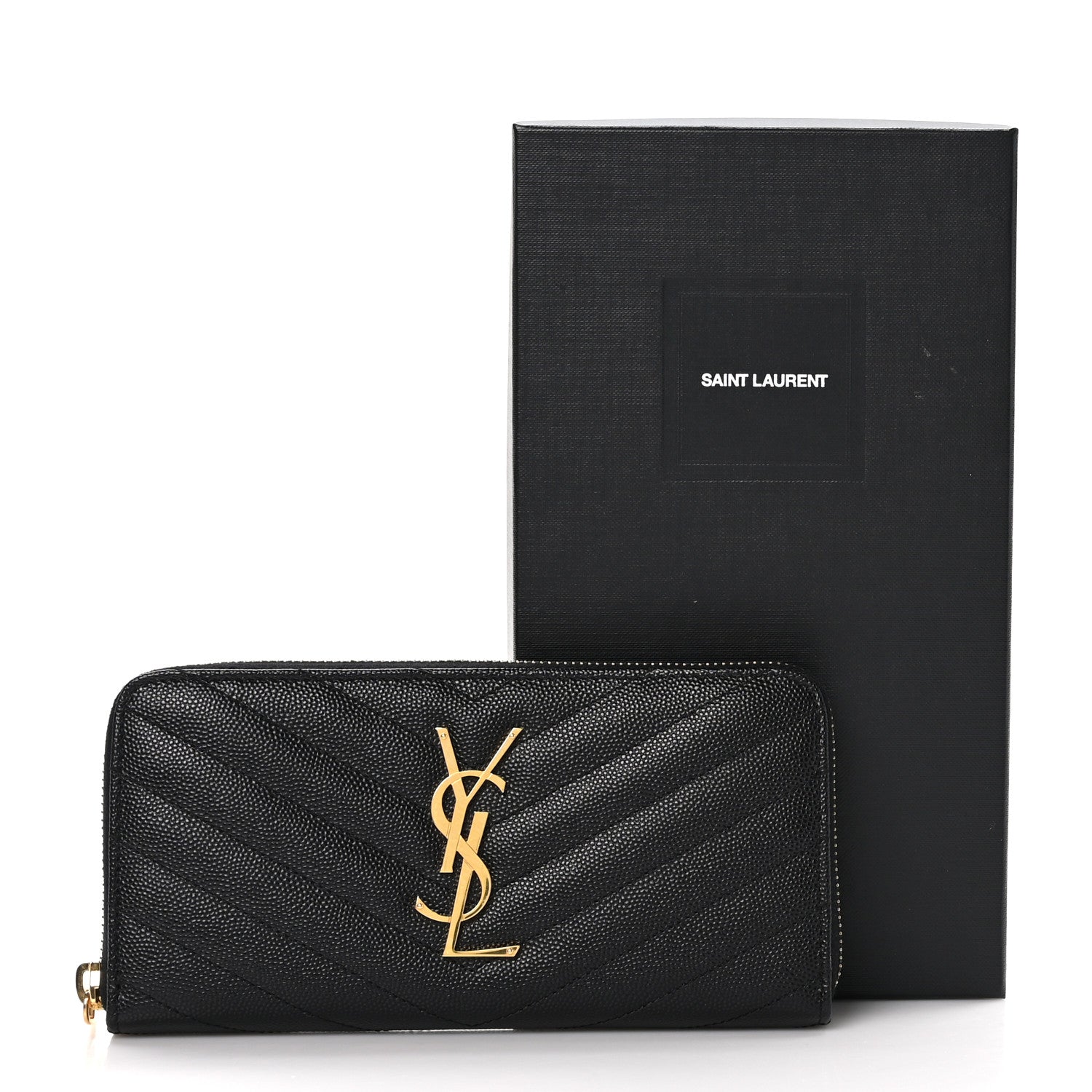 Saint Laurent Grain De Poudre Matelasse Chevron Monogram Zip Around Wallet Black 10 of 10