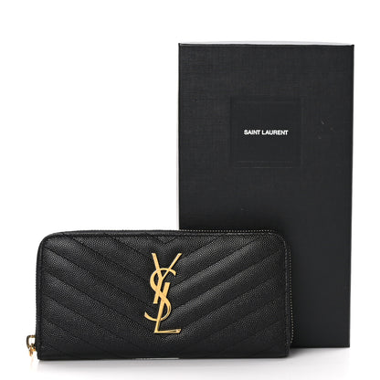 Saint Laurent Grain De Poudre Matelasse Chevron Monogram Zip Around Wallet Black 10 of 10
