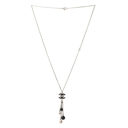 Chanel Enamel Bead Pearl CC Drop Necklace Black Gold 3 of 5