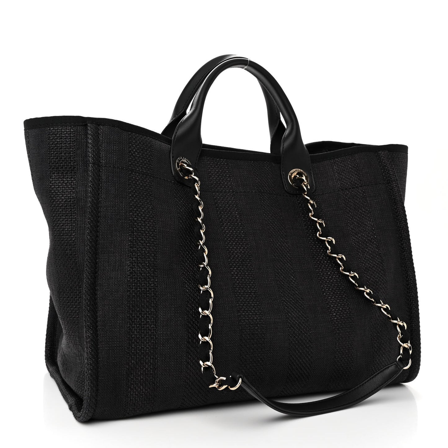 Mixed Fibers Calfskin Striped Deauville Tote Black