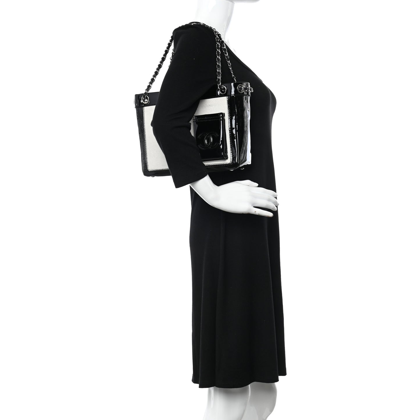 Patent Pony Hair Small Pocket Tote Black White