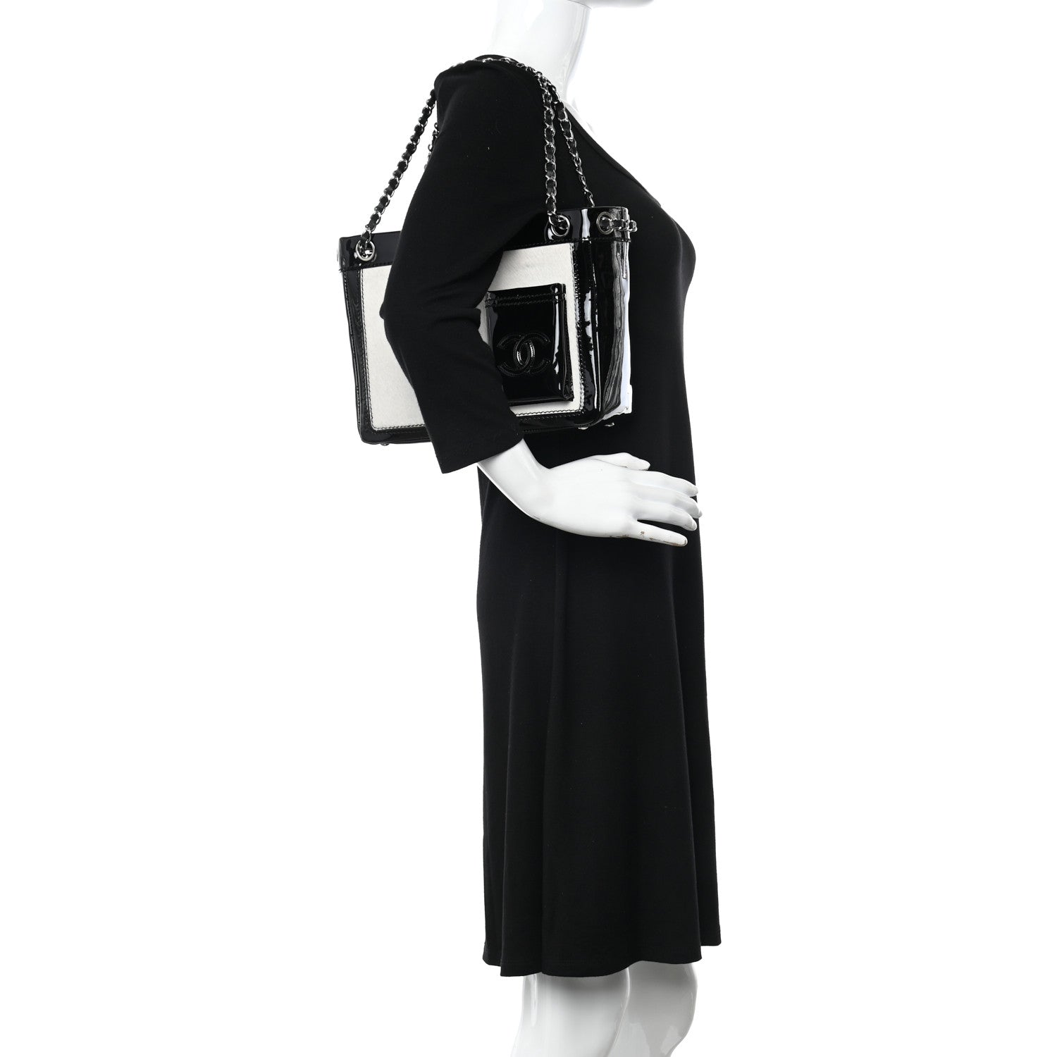 Chanel Patent Pony Hair Small Pocket Tote Black White 2 of 11