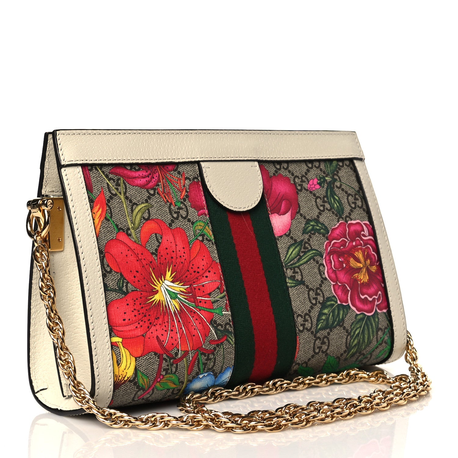 Gucci GG Supreme Monogram Flora Web Small Ophidia Chain Shoulder Bag White 3 of 12