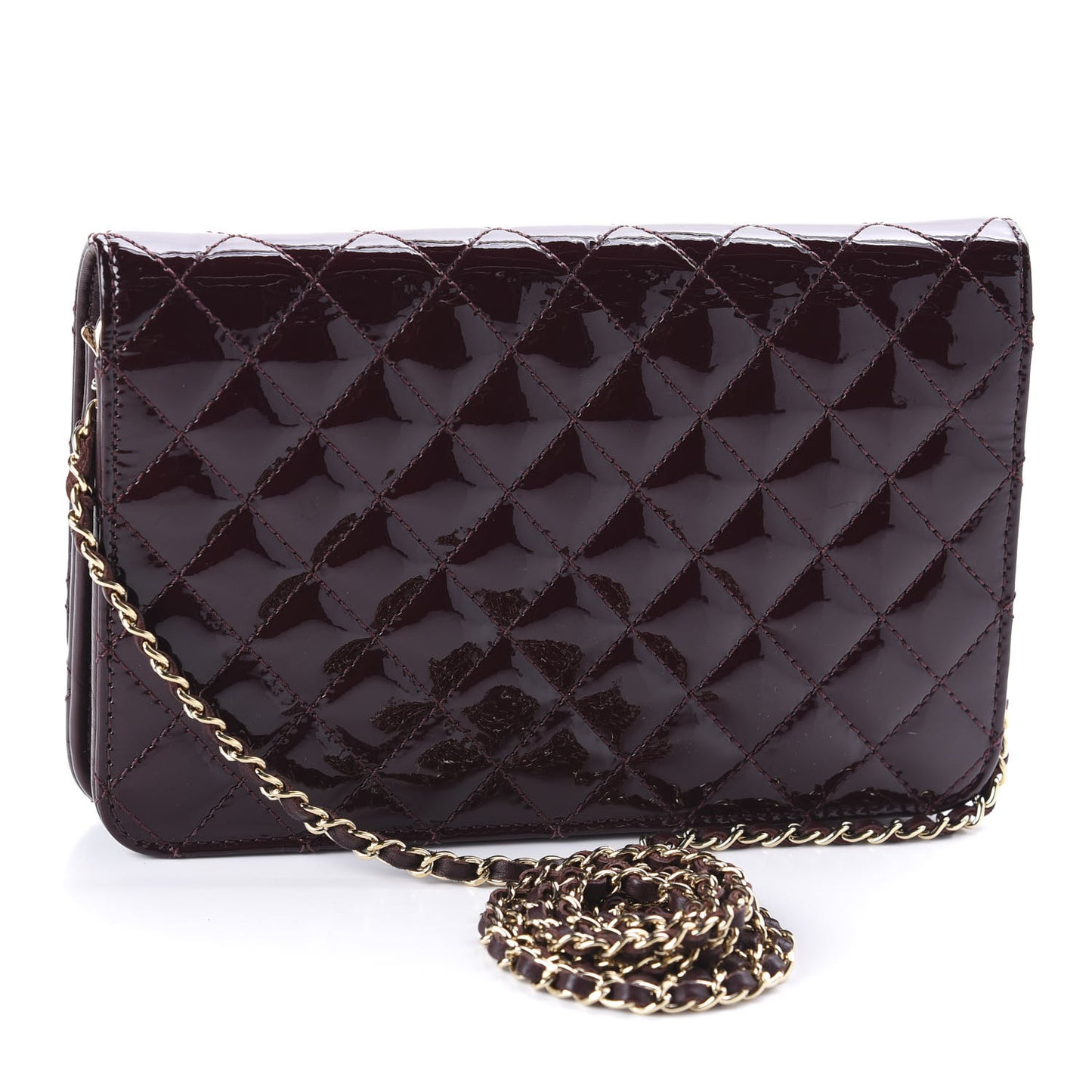 Patent Quilted Golden Class Wallet on Chain WOC Burgundy