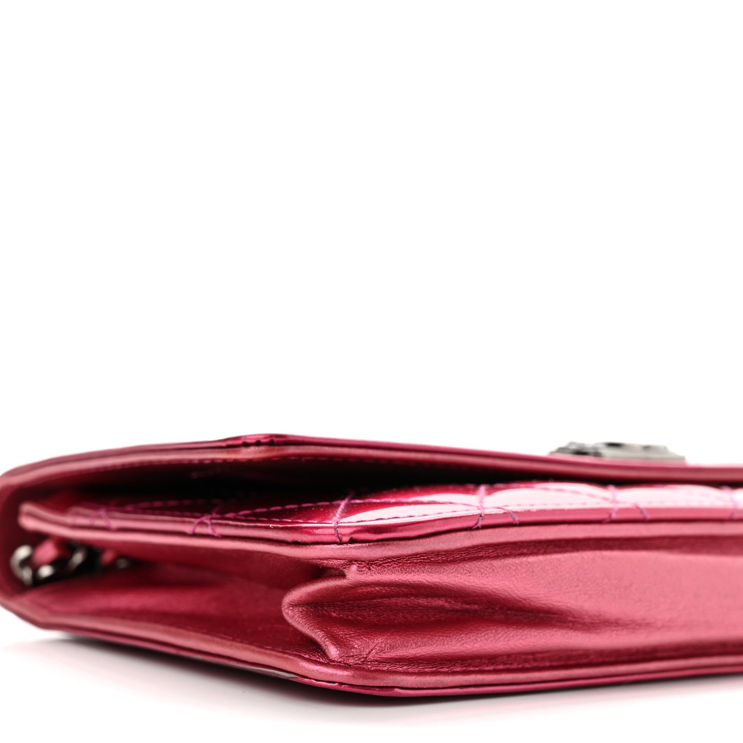 Metallic Patent Calfskin Quilted Boy Wallet On Chain WOC Fuchsia