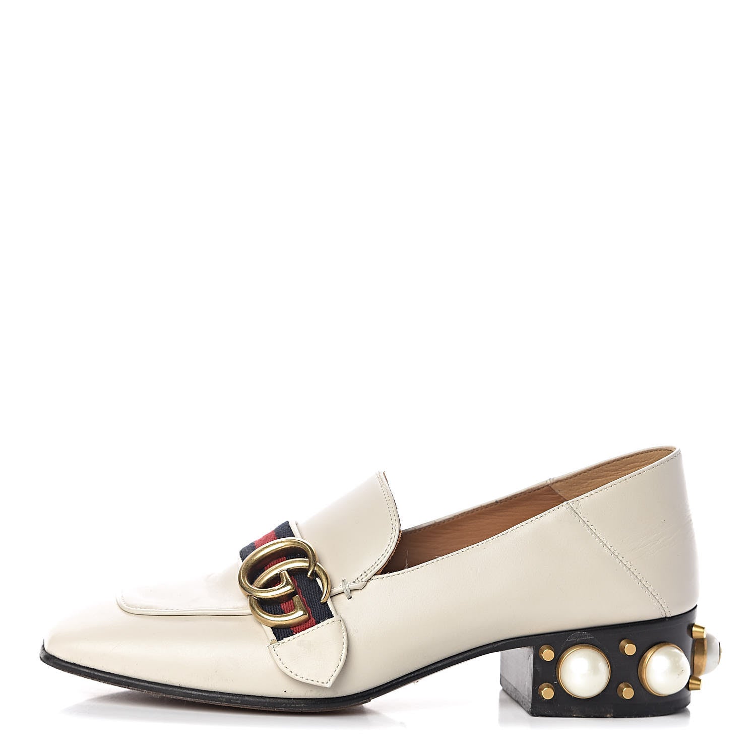 Gucci Betis Glamour Calfskin Web Pearl Embellished Peyton 35mm Loafer Pumps 36.5 Mystic White 1 of 16