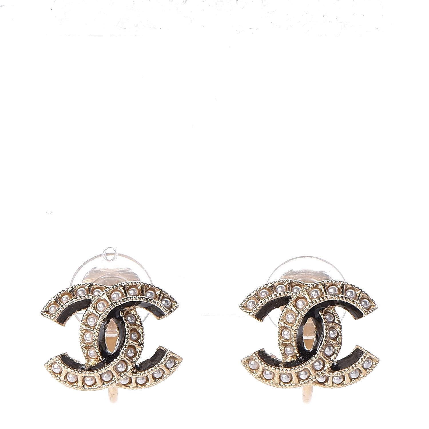 Chanel Enamel Pearl CC Clip On Earrings Light Gold Black 1 of 5