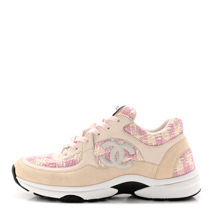 Chanel Tweed Suede Calfskin Womens CC Sneakers 40 Pink Ecru 1 of 10
