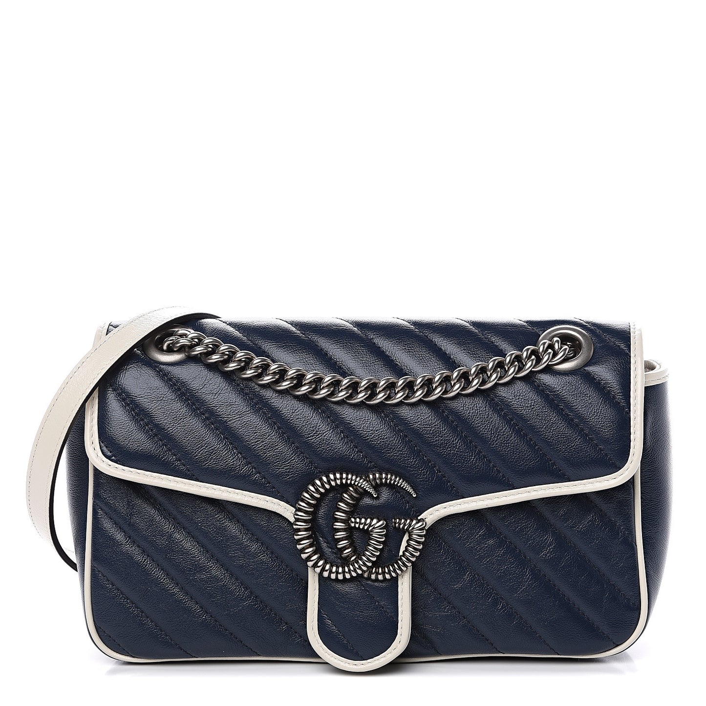 Vintage Effect Calfskin Matelasse Diagonal Small Torchon GG Marmont Shoulder Bag Blue Agata Mystic White