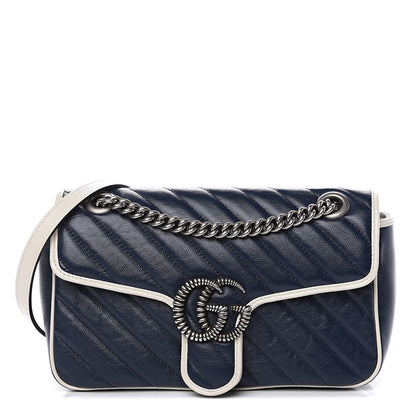 Gucci Vintage Effect Calfskin Matelasse Diagonal Small Torchon GG Marmont Shoulder Bag Blue Agata Mystic White 1 of 12