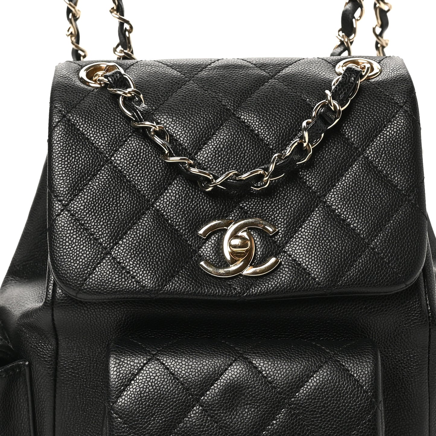 Shiny Caviar Quilted Small Pockets Drawstring Backpack Black