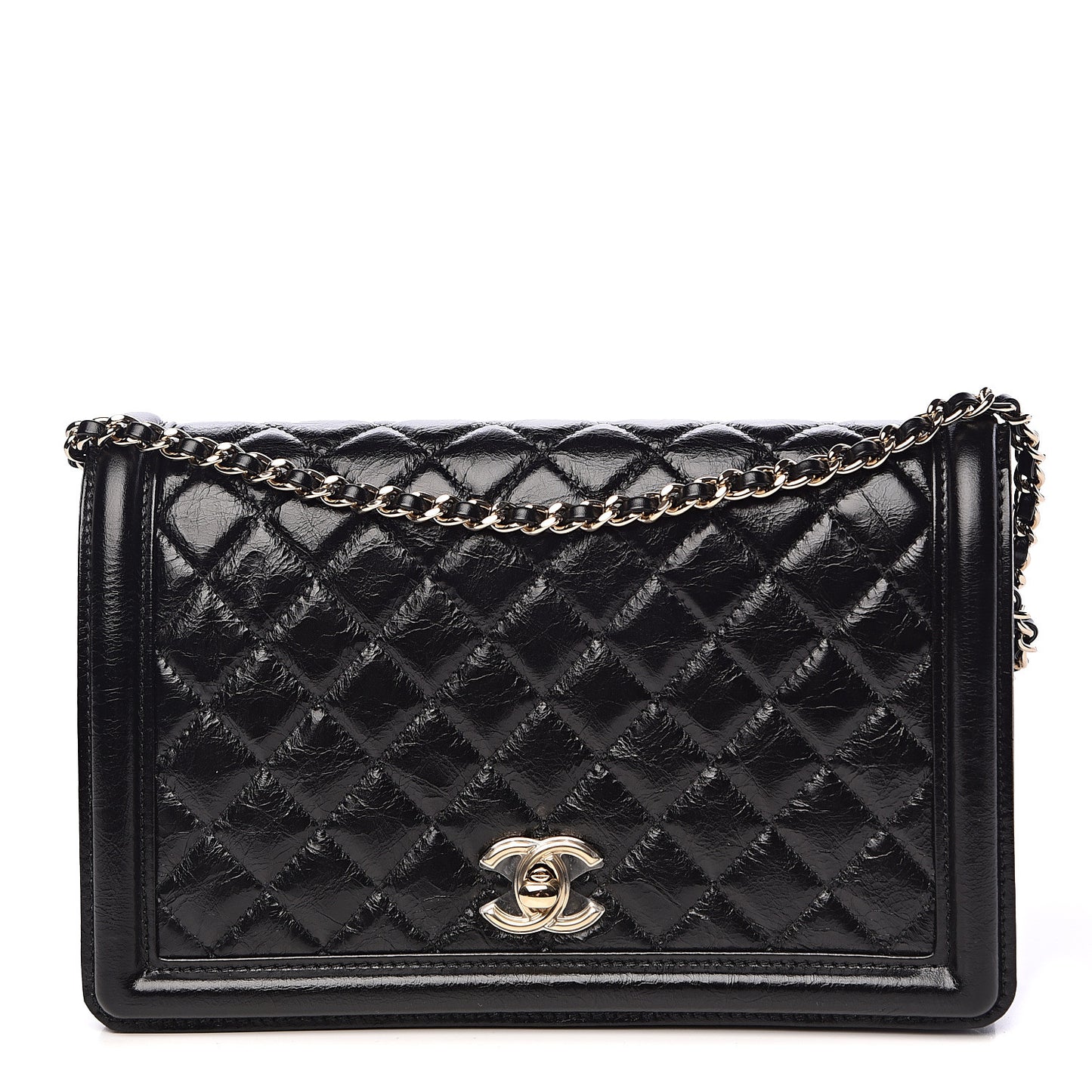 Glazed Crackled Calfskin Wallet On Chain WOC Black