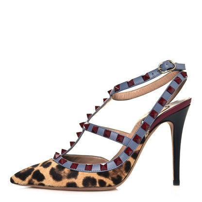 Valentino Garavani Pony Hair Leopard Print Rockstud Ankle Strap Pumps 36 Champagne Testa di Moro 1 of 10