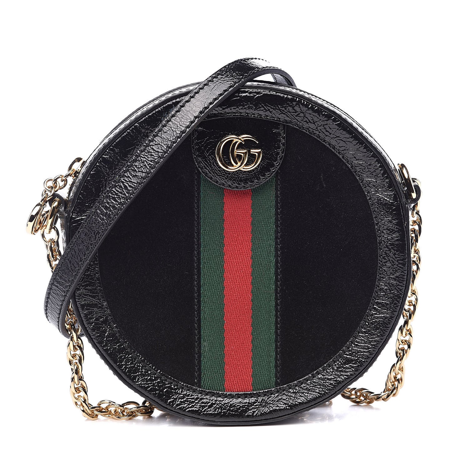 Suede Patent Web Mini Ophidia Round Shoulder Bag Black