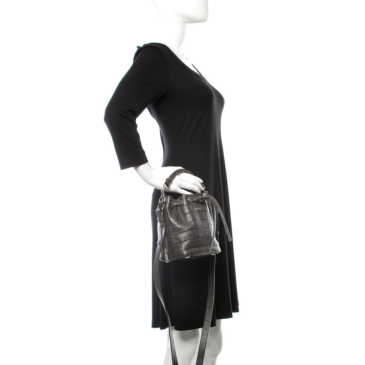 Calfskin Crocodile Embossed Small Emmanuelle Bucket Bag Coal