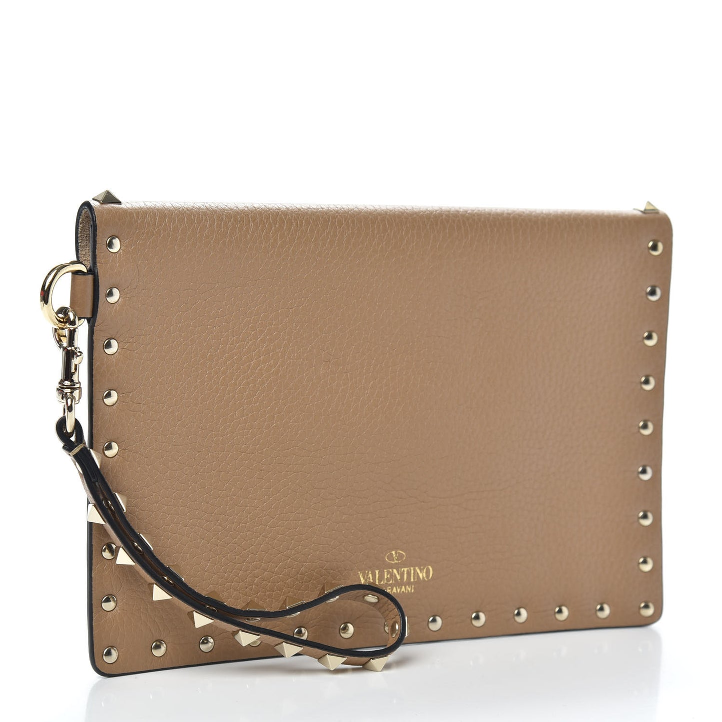 Pebbled Calfskin Medium Rockstud Envelope Flat Wristlet Pouch Deep Alpaca