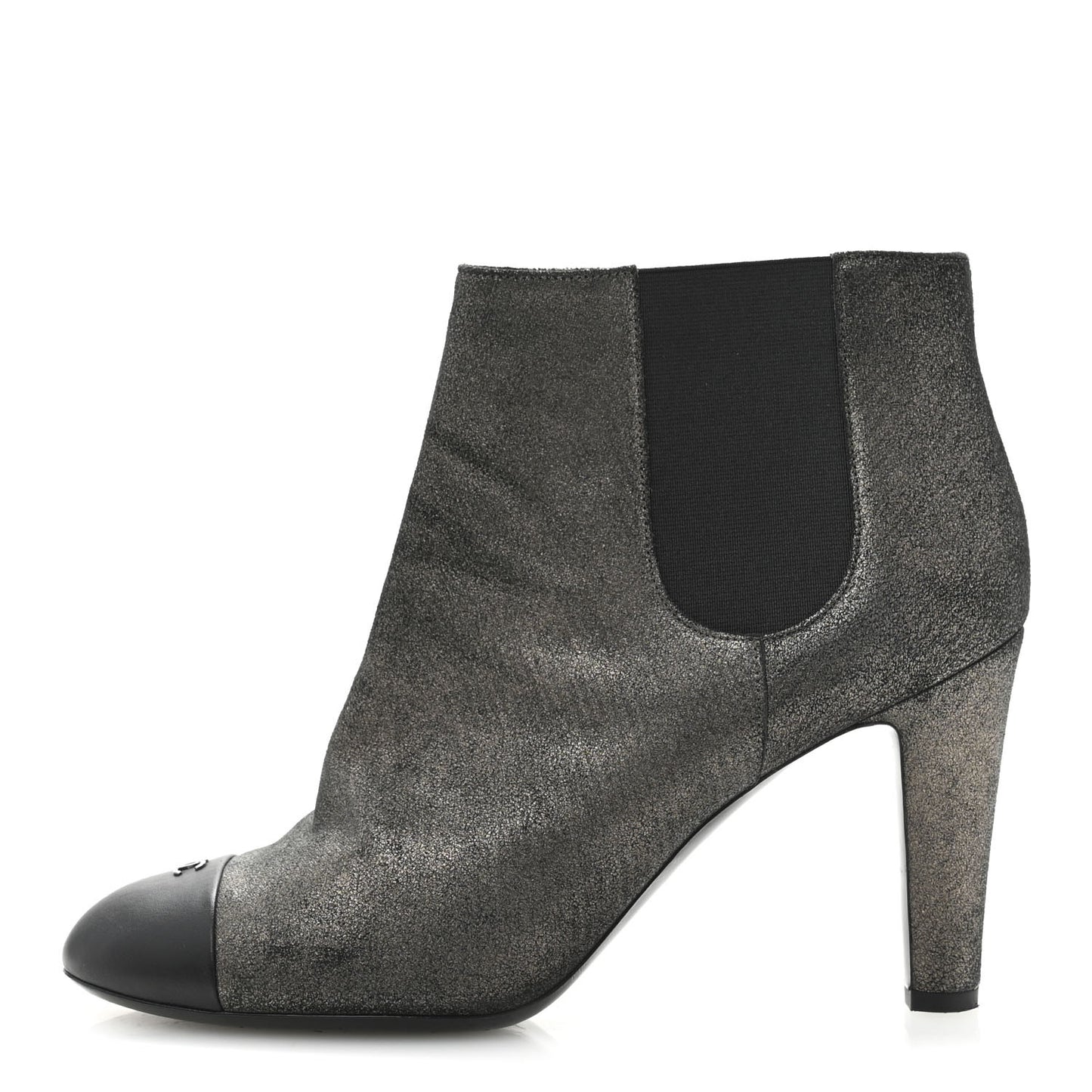 Embossed Lambskin Calfskin CC Cap Toe Ankle Boots 40 Argent Fonce Black