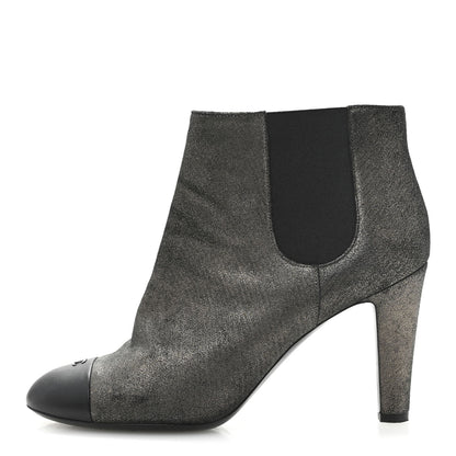 Chanel Embossed Lambskin Calfskin CC Cap Toe Ankle Boots 40 Argent Fonce Black 1 of 10