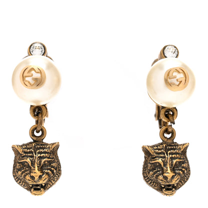 Gucci Metal Crystal Resin Pearl Feline Clip On Earrings Aged Gold 1 of 4