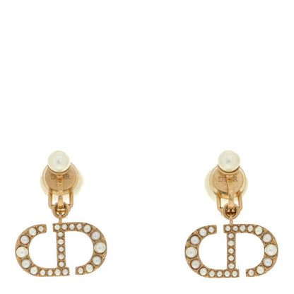 Christian Dior Pearl Crystal Tribal CD Clip On Drop Earrings Gold 1 of 4