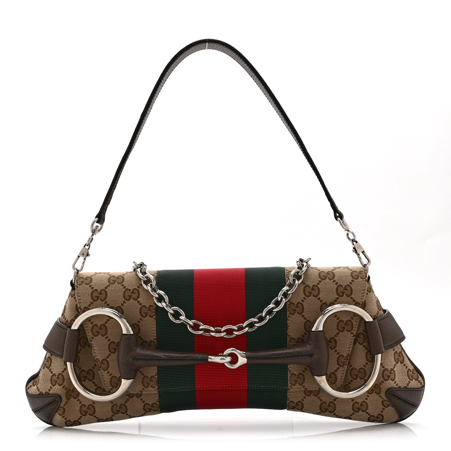 Monogram Textured Dollar Calfskin Heavy Grosgrain Web Medium Maxi Horsebit Chain Shoulder Bag Beige Ebony New Acero