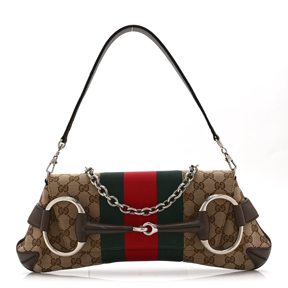 Gucci Monogram Textured Dollar Calfskin Heavy Grosgrain Web Medium Maxi Horsebit Chain Shoulder Bag Beige Ebony New Acero 2 of 11