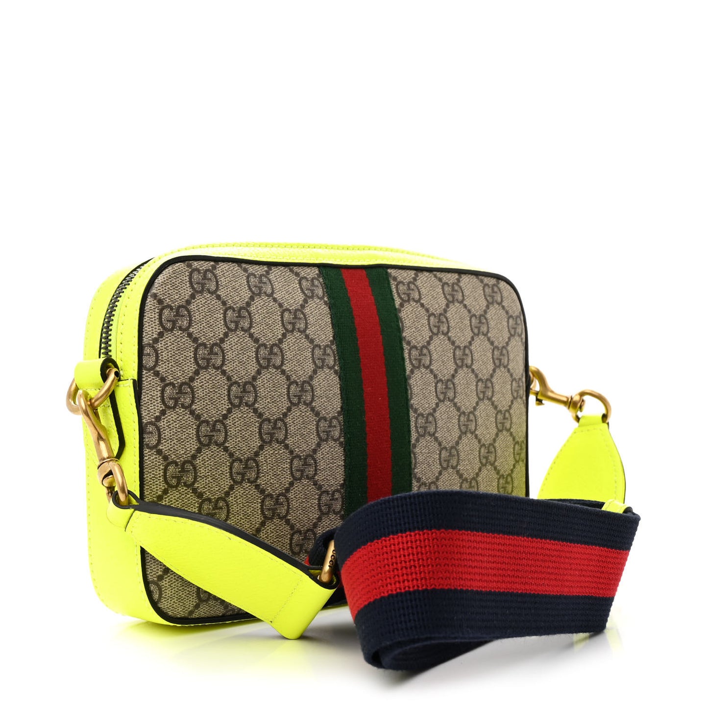GG Supreme Monogram Textured Dollar Calfskin Web Ophidia Wristlet Shoulder Bag Beige Ebony Fluo Yellow