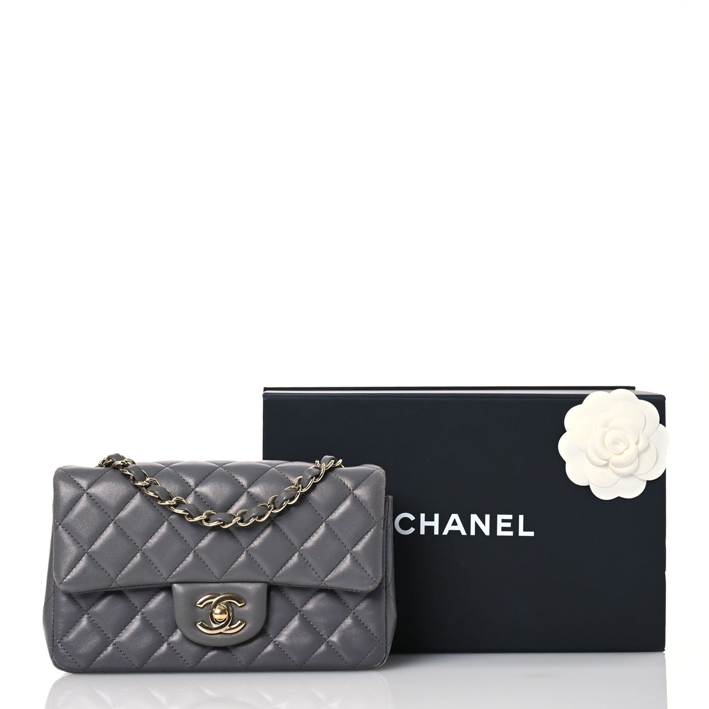 Lambskin Quilted Mini Rectangular Flap Dark Grey