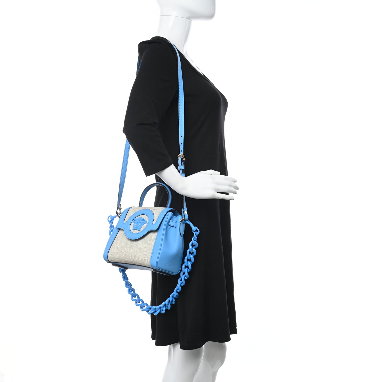 Calfskin Canvas Medusa Small Top Handle Handbag Blue