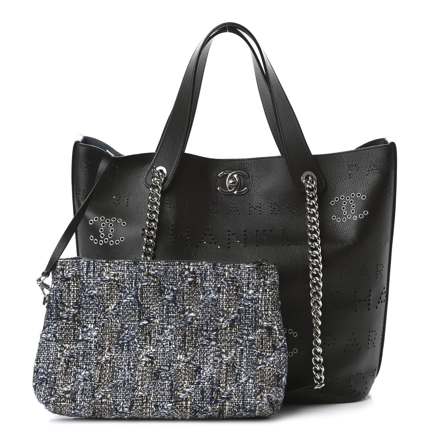 Calfskin Tweed Small Logo Eyelets Shopping Tote Black