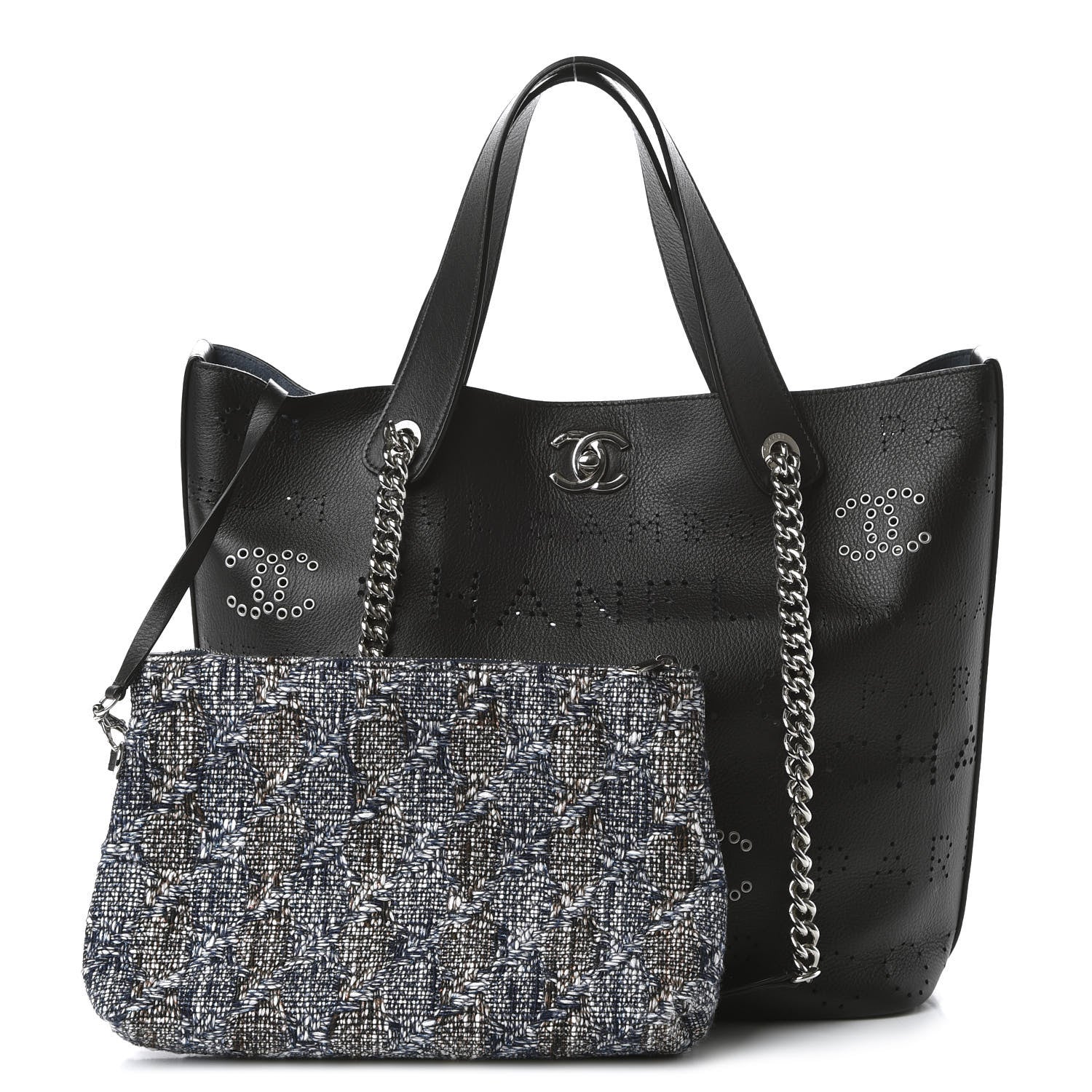 Chanel Calfskin Tweed Small Logo Eyelets Shopping Tote Black 1 of 12
